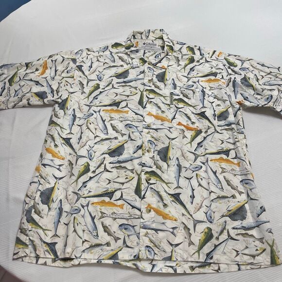 Columbia Mens Shirt Large Multicolor Saltwater Fish Pattern Short Sleeve Outdoor - Picture 1 of 6